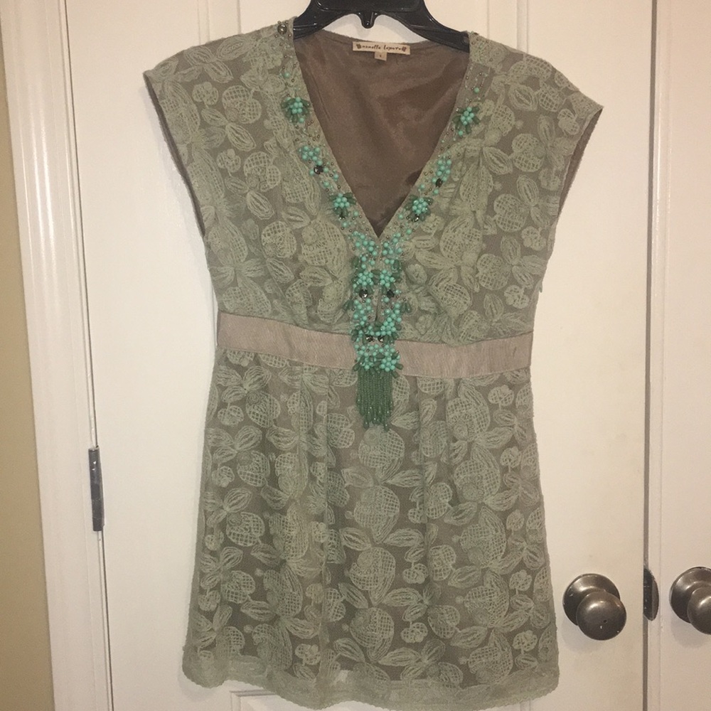 Nanette LePore Green Lace Beaded Top